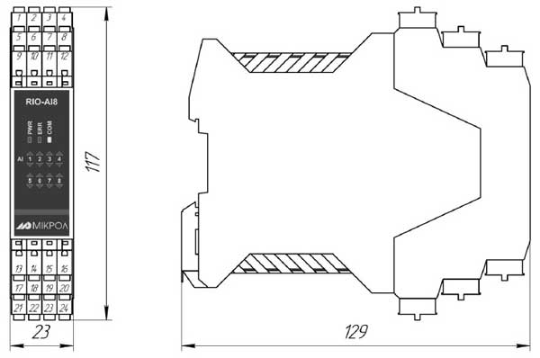 Габаритные размеры модуля аналогового ввода RIO-AIU8