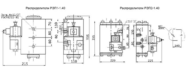 Габариты распределителией РЭП1-1.40, РЭП2-1.40